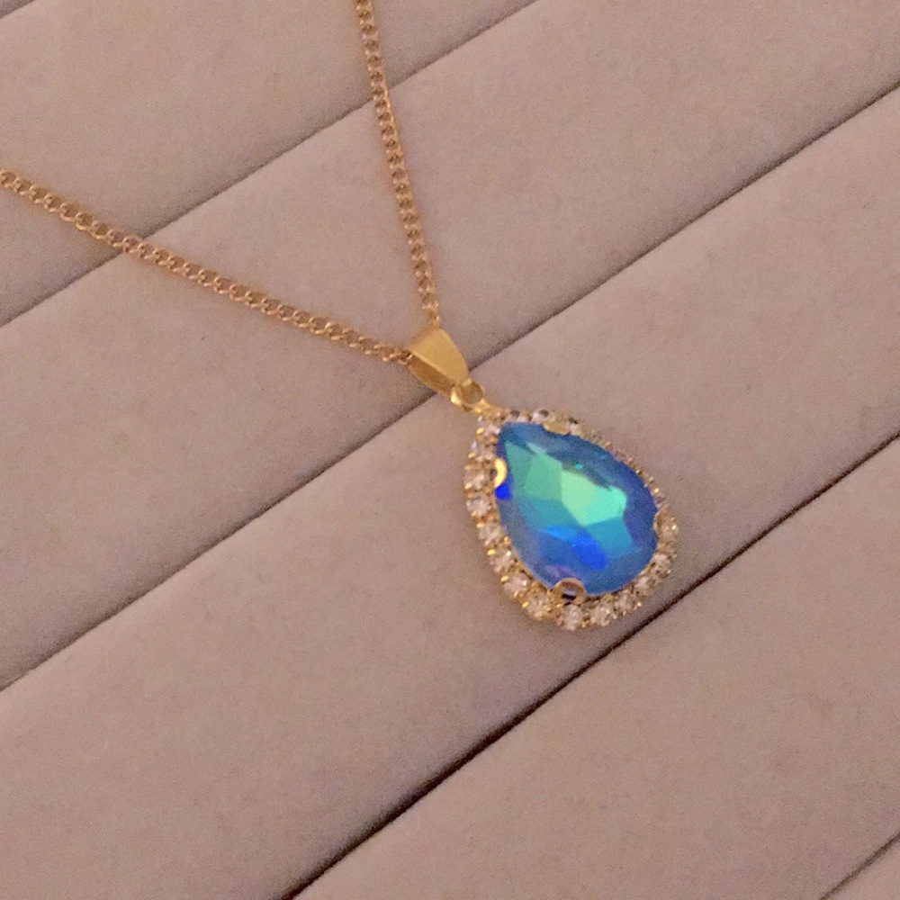 Sapphire Aurora Borealis + Gold Crystal Halo Drop Pendant Necklace - Picture 5 of 7